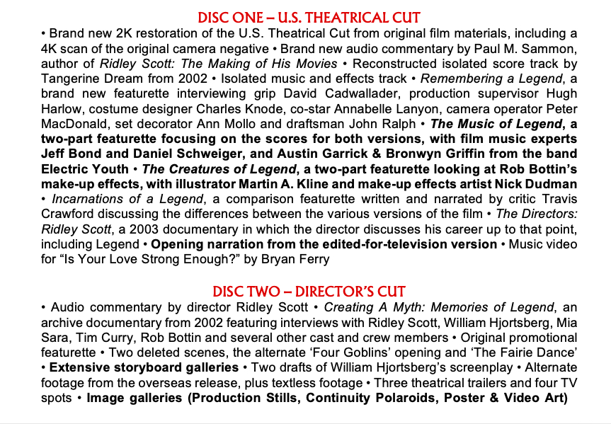 Arrow Legend Blu-ray Extras